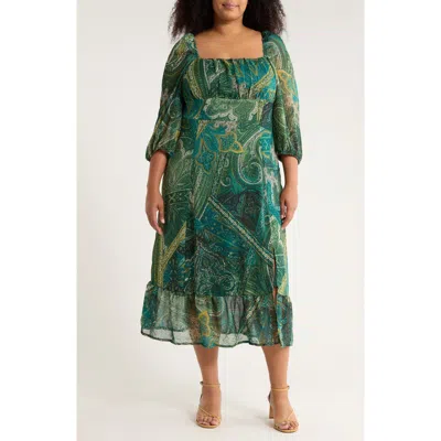 London Times Square Neck Long Sleeve Maxi Dress In Multi