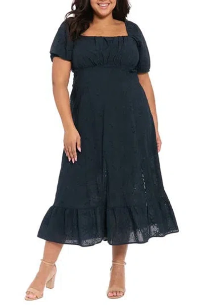 London Times Square Neck Smocked Eyelet Midi Dress In Blue