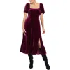 London Times Square Neck Velvet Midi Dress In Red