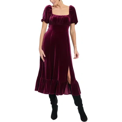 London Times Square Neck Velvet Midi Dress In Red