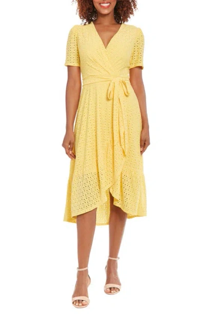 London Times Stretch Eyelet Short Sleeve Ruffle Wrap Dress In Snapdragon