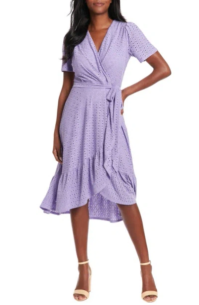London Times Stretch Eyelet Short Sleeve Ruffle Wrap Dress In Violet Tulip