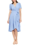 London Times Stretch Eyelet Short Sleeve Ruffle Wrap Dress In Vista Blue