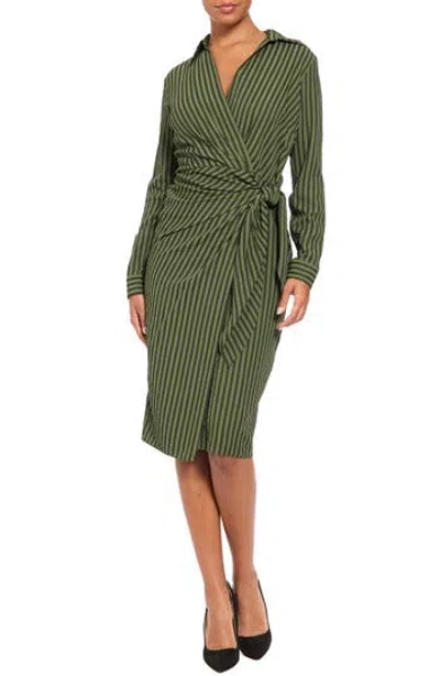 London Times Stripe Long Sleeve Faux Wrap Dress In Green