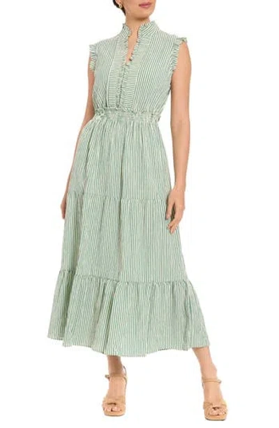 London Times Stripe Ruffle Neck Sleeveless Tiered Maxi Dress In Green