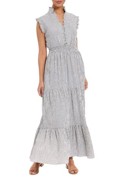 London Times Stripe Ruffle Neck Sleeveless Tiered Maxi Dress In Gray