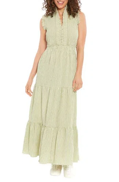 London Times Stripe Ruffle Sleeveless Tiered Maxi Dress In Olive