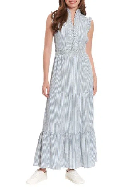 London Times Stripe Ruffle Tiered Maxi Dress In Gray