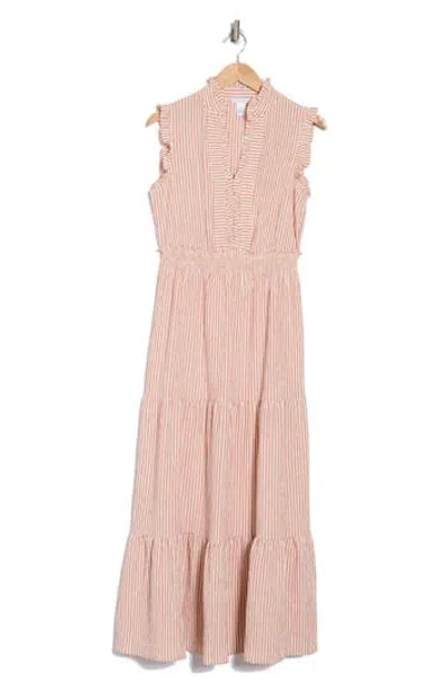 London Times Stripe Ruffle Tiered Maxi Dress In Rose Pink/ivory