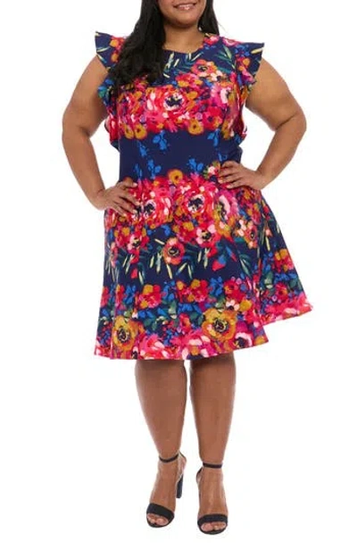 London Times Stripe Scuba Knit Fit & Flare Dress In Multi