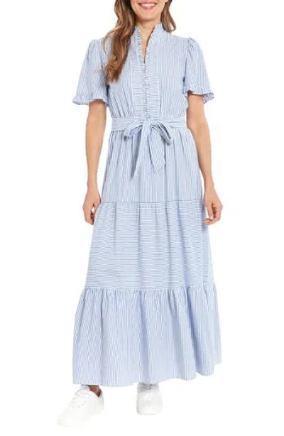 London Times Stripe Short Sleeve Tie Waist Tiered Cotton Maxi Dress In Blue