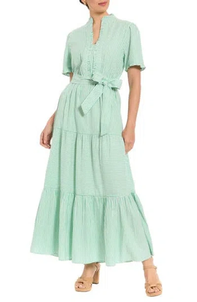 London Times Stripe Short Sleeve Tie Waist Tiered Cotton Maxi Dress In Green