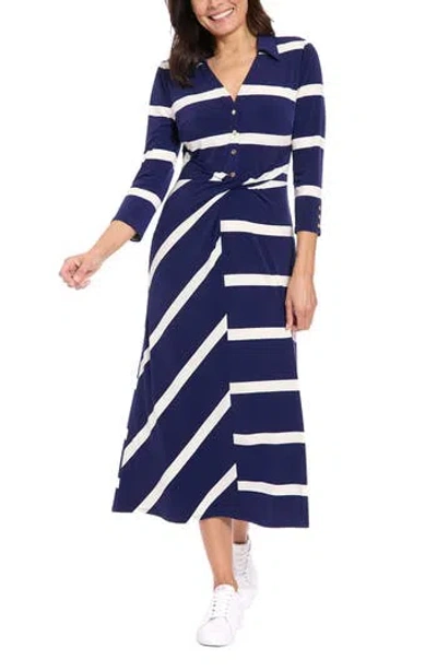 London Times Stripe Three-quarter Sleeve Shirtdress In Blue