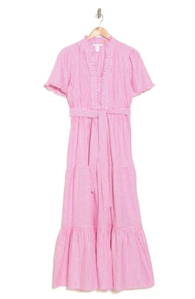 London Times Stripe Tiered Cotton Maxi Dress In Pink