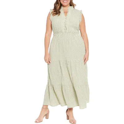 London Times Stripe Tiered Maxi Dress In Olive