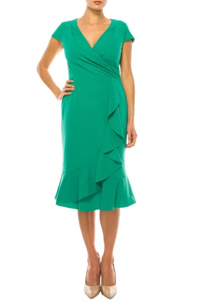 London Times Surplice Neck Ruffle Drape Sheath Dress In Viridis In Green