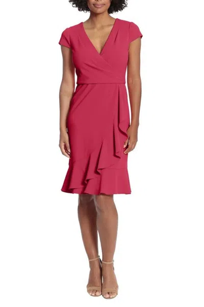 London Times Surplice Neck Ruffle Skirt Sheath Dress In Cherries Jubilee In Red
