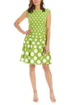 London Times T3791m Short Pleated Polka Dot Print Cocktail Dress In Green