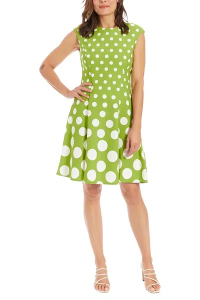 London Times T3791m Short Pleated Polka Dot Print Cocktail Dress In Green