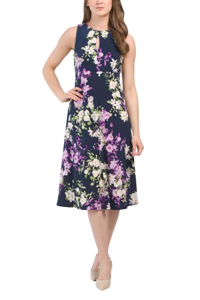 London Times T4470m Pleated Short Cocktail Floral Print Midi Dress In Multi