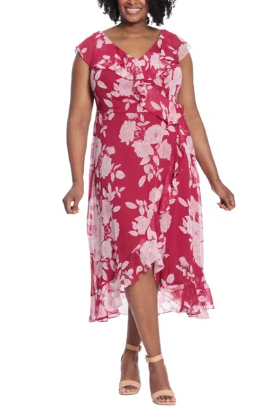 London Times T4521w Plus Size High Low Printed Cocktail Dress In Pink