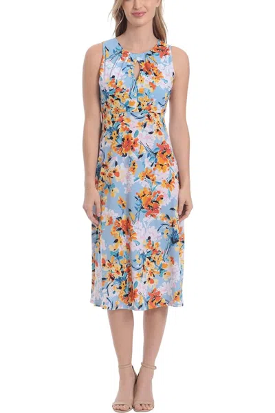 London Times T6725m A Line Printed Short Cocktail Midi Dress In Blue