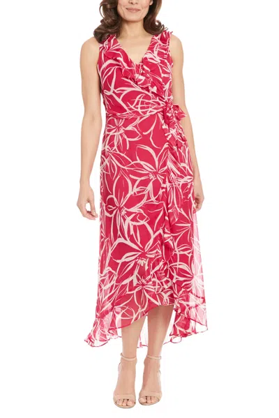 London Times T7261m Printed High Low Maxi Cocktail Dress In Pink