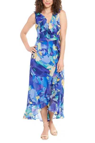 London Times T7438m Ruffled High Low Printed Cocktail Dress In Multi