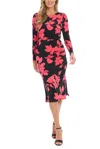 London Times T7746m Printed Long Sleeve Fitted Midi Cocktail Dress In Red