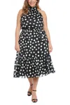London Times T7749w Short Polka Dots Print Midi Length Plus Size Dress In Black