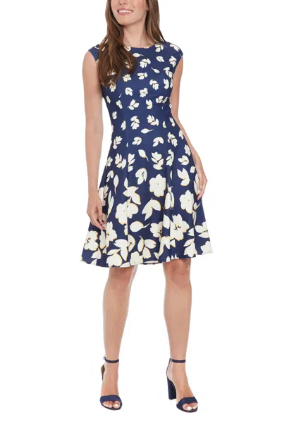 London Times T7776m Short Floral Print Cocktail A Line Dress In Blue