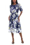 London Times T7822m Short Printed Tiered Cocktail Midi Dress In Blue