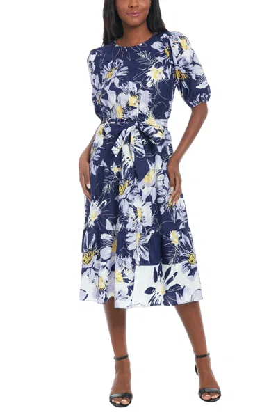 London Times T7822m Short Printed Tiered Cocktail Midi Dress In Blue