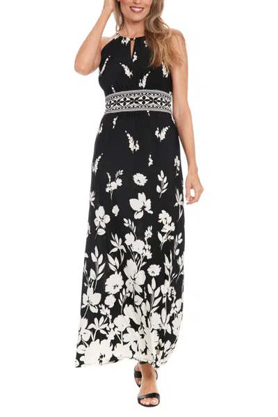 London Times T7905m Long Printed A Line Formal Dress In Black