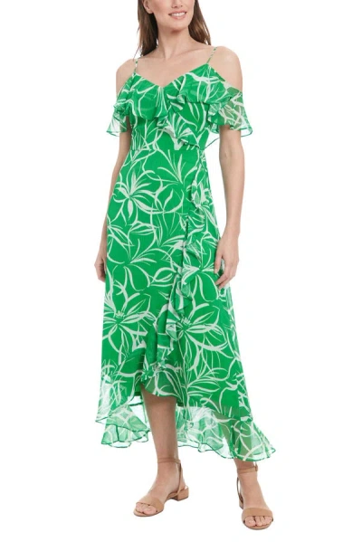 London Times T8137m High Low Floral Print Ruffled Cocktail Dress In Green
