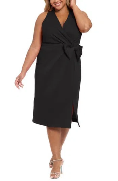 London Times Techno Bow Surplice Scuba Knit Dress In Black
