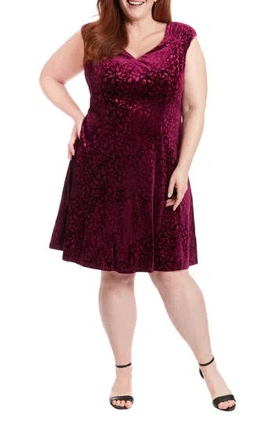 London Times Textured Velvet Sleeveless Fit & Flare Dress In Burgundy