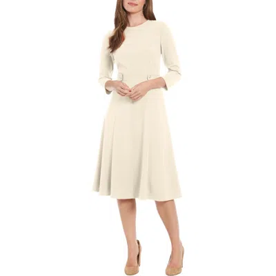 London Times Three-quarter Sleeve Seamed Side Tab Fit & Flare Midi Dress In Neutral