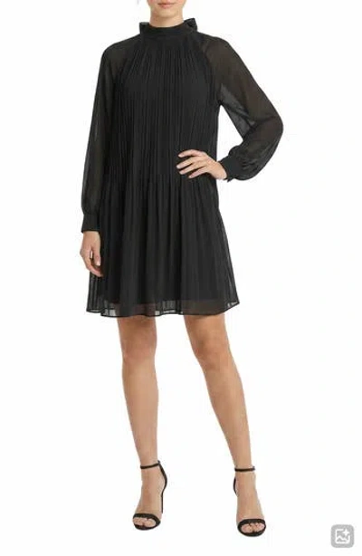 London Times Tie Back Bishop Sleeve Plissè Swing Dress In Black