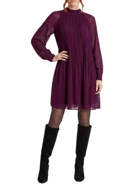 London Times Tie Back Bishop Sleeve Plissè Swing Dress In Purple