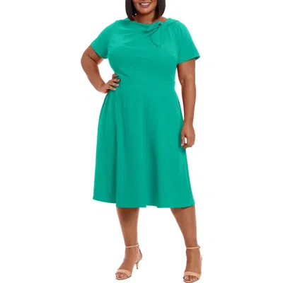 London Times Plus Size Tie-neck Fit & Flare Dress In Green