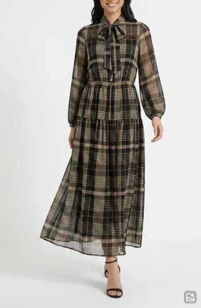 London Times Tie Neck Long Sleeve Chiffon Maxi Dress In Black