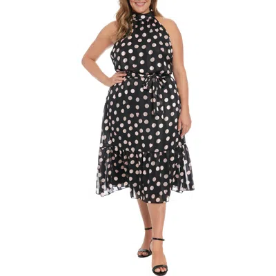London Times Tie Waist Halter Midi Dress In Black/ Cream