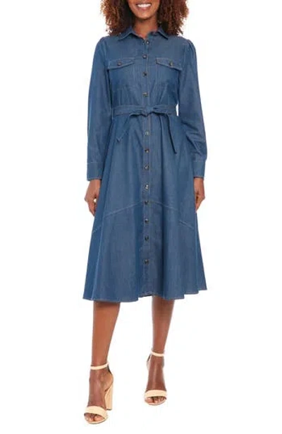 London Times Tie Waist Long Sleeve Denim Shirtdress