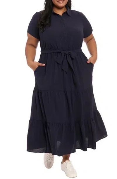 London Times Tie Waist Shirtdress In Navy