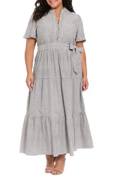 London Times Plus Size Stripe Tiered Ruffle Neck Dress In Gray