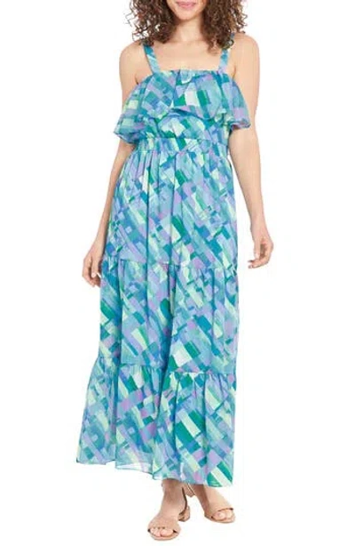 London Times Tiered Maxi Sundress In Blue Multi