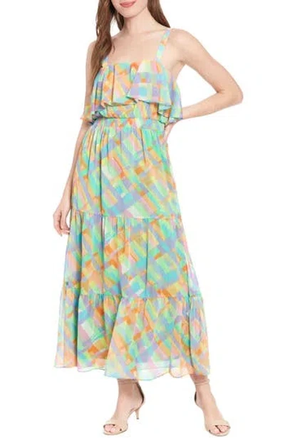 London Times Tiered Maxi Sundress In Teal Coral Multi