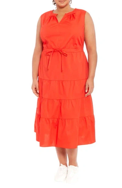 London Times Tiered Stretch Cotton Dress In Orange