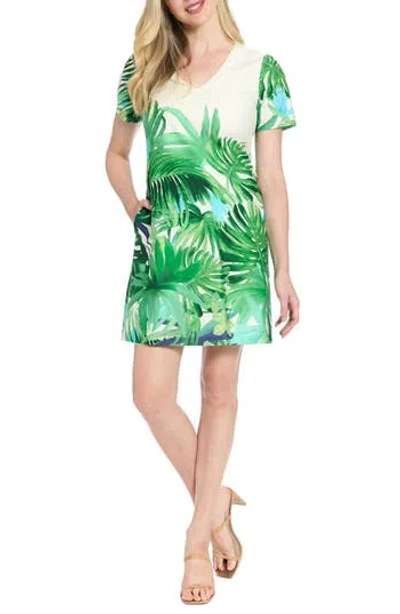 London Times Tropical Print Short Sleeve Stretch Cotton Sheath Dress In Green